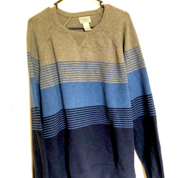 L.L. Bean Sweater Mens XL Gray Blue Stripe Wicked Soft Cotton Cashmere Crewneck - Picture 1 of 6